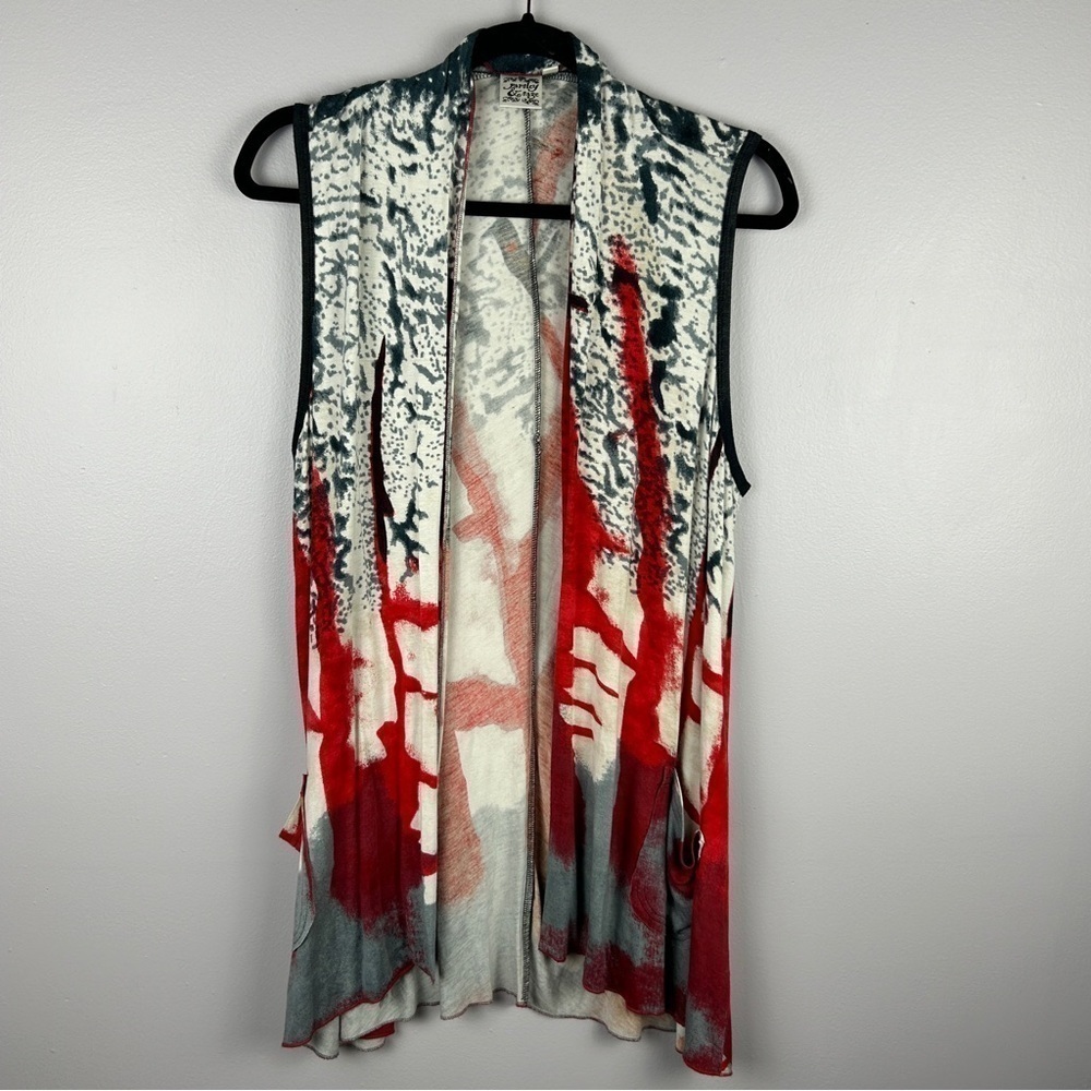 Parsley & Sage Boho Art to Wear Open Front Vest Medium White Red - Picture 2 of 13